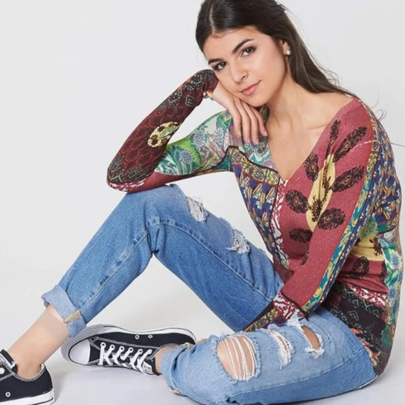 Desigual Cashmere Sweater “Michelle" Multicolor V-neck Long Sleeve Size L - Picture 12 of 13